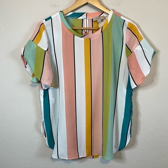 LOFT Tops - Loft Short Flutter Sleeve Pink Green Stripe Casual Shirt Blouse Size Small